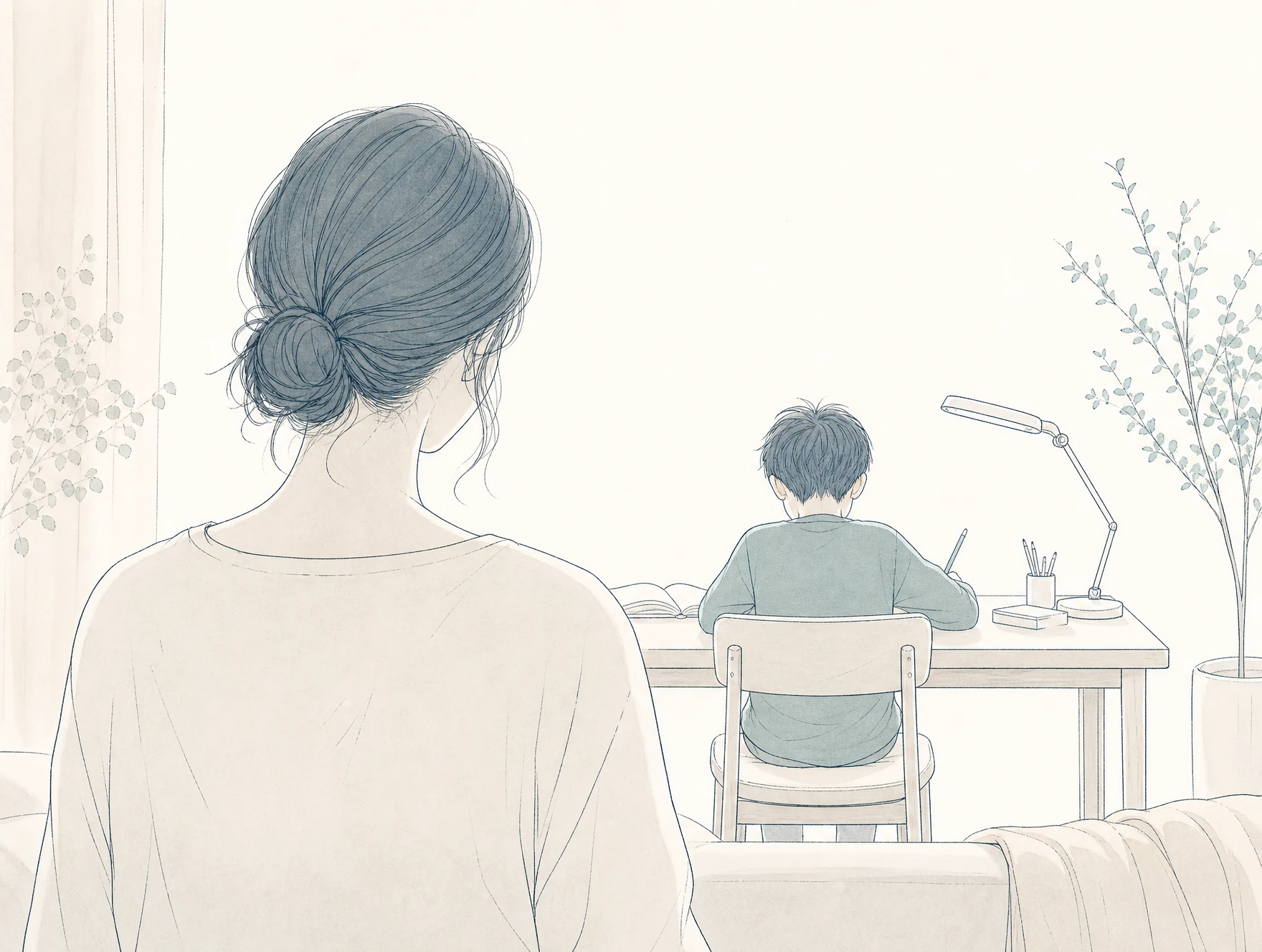 机で勉強する小学生の息子を後ろから静かに見守る母親の線画
